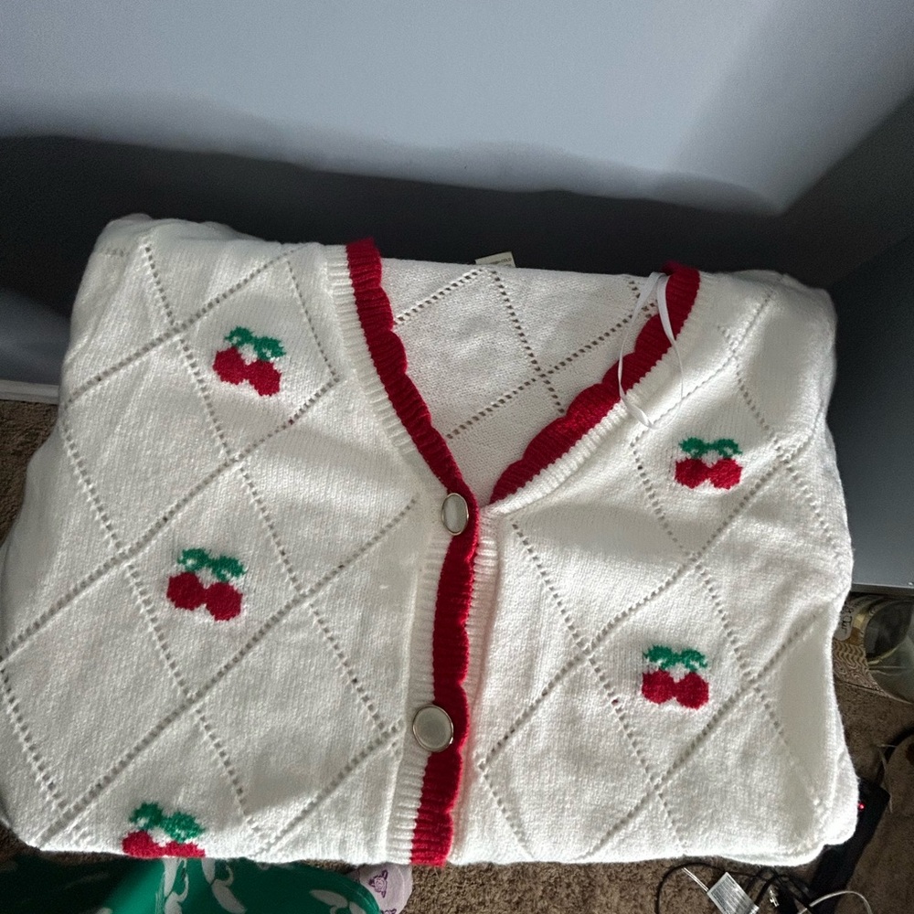 NWT Cherry Embroidered Women's Cardigan with red trim - Picture 3 of 5